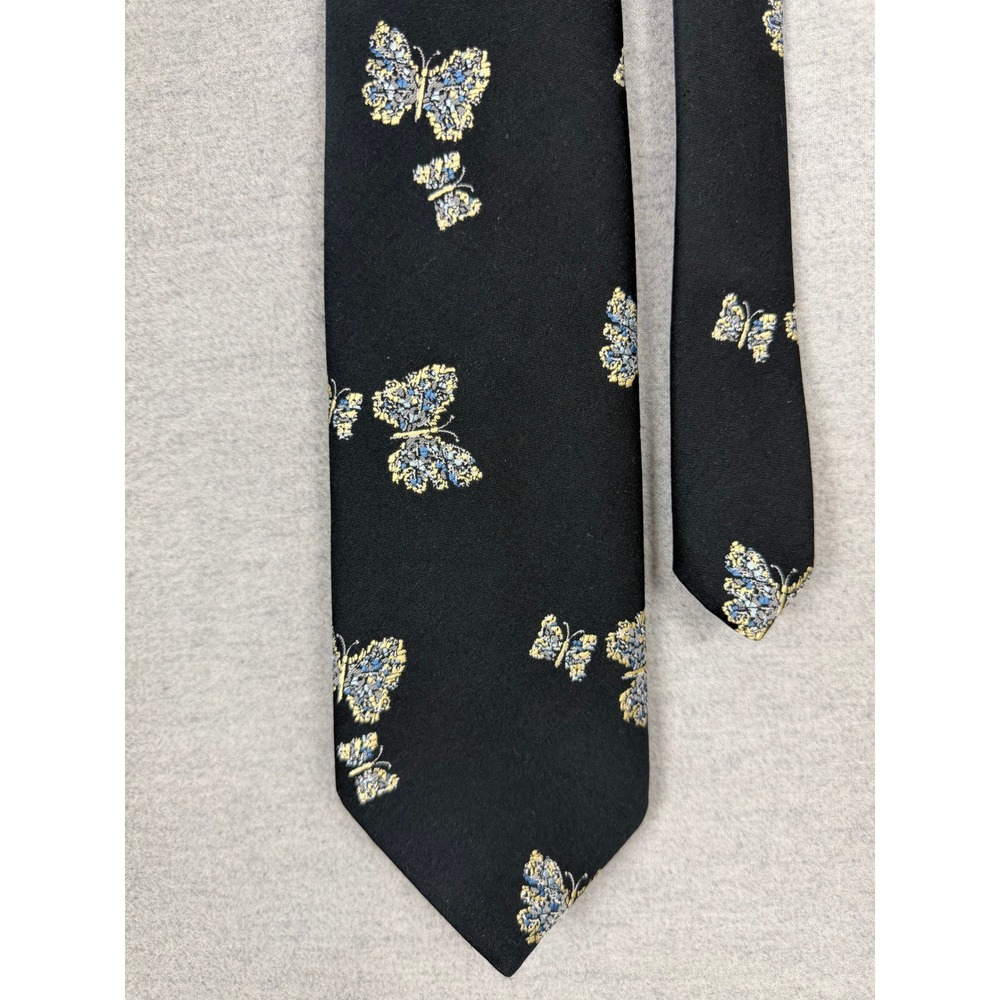 Vintage Damon Butterfly Print Necktie Black Blue Yellow 50s 60s Mid Century Tie